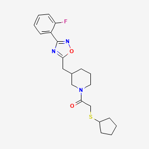 molecular formula C21H26FN3O2S B2886287 2-(Cyclopentylthio)-1-(3-((3-(2-fluorophenyl)-1,2,4-oxadiazol-5-yl)methyl)piperidin-1-yl)ethanone CAS No. 1706232-45-2