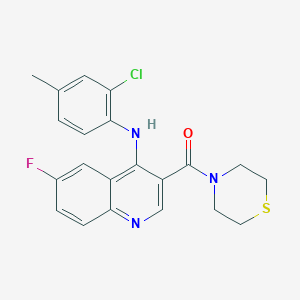 molecular formula C21H19ClFN3OS B2886395 (4-((2-Chloro-4-methylphenyl)amino)-6-fluoroquinolin-3-yl)(thiomorpholino)methanone CAS No. 1357729-03-3