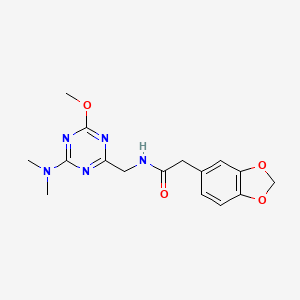 molecular formula C16H19N5O4 B2886398 2-(苯并[d][1,3]二氧杂环-5-基)-N-((4-(二甲氨基)-6-甲氧基-1,3,5-三嗪-2-基)甲基)乙酰胺 CAS No. 2034276-78-1