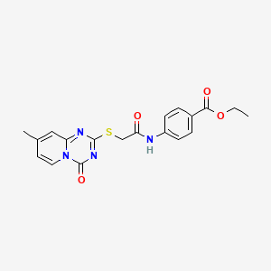 molecular formula C19H18N4O4S B2886406 Ethyl 4-[[2-(8-methyl-4-oxopyrido[1,2-a][1,3,5]triazin-2-yl)sulfanylacetyl]amino]benzoate CAS No. 896330-95-3