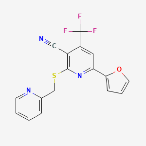 molecular formula C17H10F3N3OS B2886457 6-(2-呋喃基)-2-[(2-吡啶基甲基)硫代]-4-(三氟甲基)烟腈 CAS No. 625369-84-8