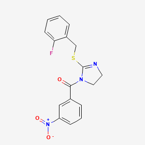 molecular formula C17H14FN3O3S B2886460 [2-[(2-Fluorophenyl)methylsulfanyl]-4,5-dihydroimidazol-1-yl]-(3-nitrophenyl)methanone CAS No. 851807-04-0