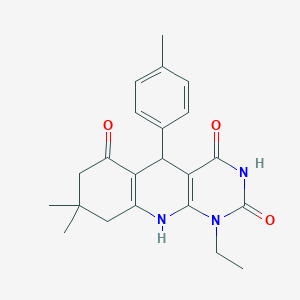 molecular formula C22H25N3O3 B2886470 1-ethyl-8,8-dimethyl-5-(4-methylphenyl)-5,8,9,10-tetrahydropyrimido[4,5-b]quinoline-2,4,6(1H,3H,7H)-trione CAS No. 868214-80-6