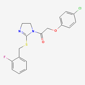 molecular formula C18H16ClFN2O2S B2886506 2-(4-chlorophenoxy)-1-(2-((2-fluorobenzyl)thio)-4,5-dihydro-1H-imidazol-1-yl)ethanone CAS No. 851807-10-8