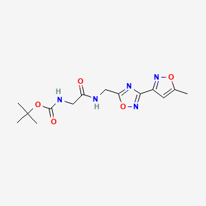 molecular formula C14H19N5O5 B2886514 Tert-butyl (2-(((3-(5-methylisoxazol-3-yl)-1,2,4-oxadiazol-5-yl)methyl)amino)-2-oxoethyl)carbamate CAS No. 2034369-26-9