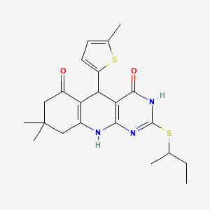 molecular formula C22H27N3O2S2 B2886522 2-(butan-2-ylsulfanyl)-8,8-dimethyl-5-(5-methylthiophen-2-yl)-5,8,9,10-tetrahydropyrimido[4,5-b]quinoline-4,6(3H,7H)-dione CAS No. 631854-49-4