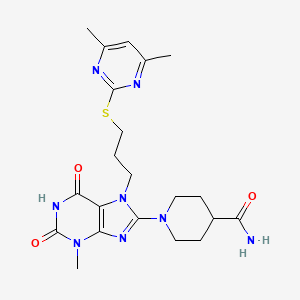 molecular formula C21H28N8O3S B2886533 1-[7-[3-(4,6-Dimethylpyrimidin-2-yl)sulfanylpropyl]-3-methyl-2,6-dioxopurin-8-yl]piperidine-4-carboxamide CAS No. 674307-74-5