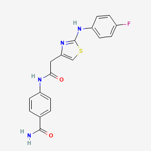 molecular formula C18H15FN4O2S B2886556 4-(2-(2-((4-Fluorophenyl)amino)thiazol-4-yl)acetamido)benzamide CAS No. 1105227-09-5
