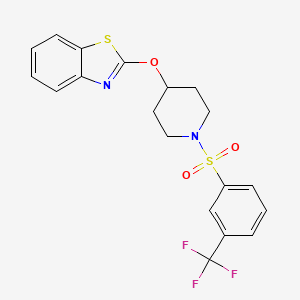 molecular formula C19H17F3N2O3S2 B2886575 2-((1-((3-(Trifluoromethyl)phenyl)sulfonyl)piperidin-4-yl)oxy)benzo[d]thiazole CAS No. 1251631-67-0