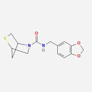 molecular formula C14H16N2O3S B2886584 N-(benzo[d][1,3]dioxol-5-ylmethyl)-2-thia-5-azabicyclo[2.2.1]heptane-5-carboxamide CAS No. 2034456-00-1