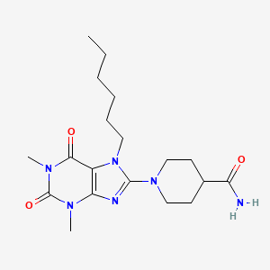 molecular formula C19H30N6O3 B2886594 1-(7-Hexyl-1,3-dimethyl-2,6-dioxo-2,3,6,7-tetrahydro-1H-purin-8-yl)-piperidine-4-carboxylic acid amide CAS No. 497246-68-1