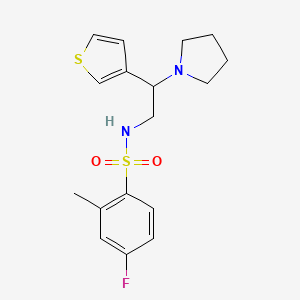 molecular formula C17H21FN2O2S2 B2886596 4-fluoro-2-methyl-N-(2-(pyrrolidin-1-yl)-2-(thiophen-3-yl)ethyl)benzenesulfonamide CAS No. 954702-59-1