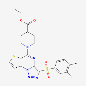 molecular formula C23H25N5O4S2 B2886630 Ethyl 1-(3-((3,4-dimethylphenyl)sulfonyl)thieno[2,3-e][1,2,3]triazolo[1,5-a]pyrimidin-5-yl)piperidine-4-carboxylate CAS No. 892735-62-5