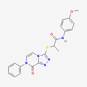 molecular formula C21H19N5O3S B2886655 N-(4-甲氧基苯基)-2-((8-氧代-7-苯基-7,8-二氢-[1,2,4]三唑并[4,3-a]吡嗪-3-基)硫代)丙酰胺 CAS No. 1243091-92-0