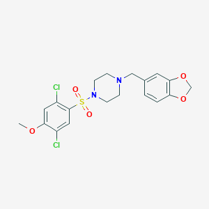 molecular formula C19H20Cl2N2O5S B288670 1-(1,3-Benzodioxol-5-ylmethyl)-4-[(2,5-dichloro-4-methoxyphenyl)sulfonyl]piperazine 