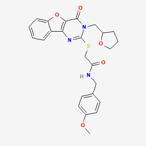 molecular formula C25H25N3O5S B2886716 N-(4-methoxybenzyl)-2-{[4-oxo-3-(tetrahydrofuran-2-ylmethyl)-3,4-dihydro[1]benzofuro[3,2-d]pyrimidin-2-yl]sulfanyl}acetamide CAS No. 900003-06-7