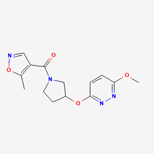 molecular formula C14H16N4O4 B2886719 (3-((6-Methoxypyridazin-3-yl)oxy)pyrrolidin-1-yl)(5-methylisoxazol-4-yl)methanone CAS No. 2034503-23-4