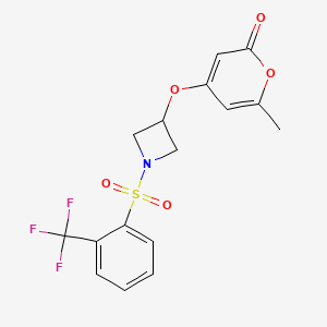molecular formula C16H14F3NO5S B2886720 6-甲基-4-((1-((2-(三氟甲基)苯基)磺酰基)氮杂环丁-3-基)氧基)-2H-吡喃-2-酮 CAS No. 1798491-44-7