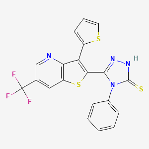 molecular formula C20H11F3N4S3 B2886739 4-phenyl-5-[3-(2-thienyl)-6-(trifluoromethyl)thieno[3,2-b]pyridin-2-yl]-4H-1,2,4-triazol-3-ylhydrosulfide CAS No. 478048-40-7