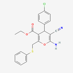 molecular formula C22H19ClN2O3S B2886744 ethyl 6-amino-4-(4-chlorophenyl)-5-cyano-2-[(phenylsulfanyl)methyl]-4H-pyran-3-carboxylate CAS No. 478079-18-4