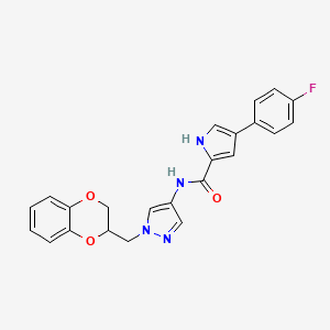 molecular formula C23H19FN4O3 B2886750 N-(1-((2,3-二氢苯并[b][1,4]二氧杂环-2-基)甲基)-1H-吡唑-4-基)-4-(4-氟苯基)-1H-吡咯-2-甲酰胺 CAS No. 1706078-06-9
