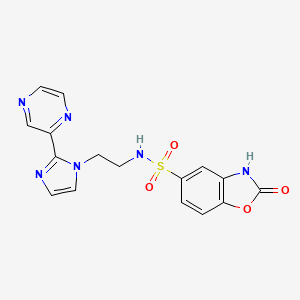 molecular formula C16H14N6O4S B2886868 2-氧代-N-(2-(2-(吡嗪-2-基)-1H-咪唑-1-基)乙基)-2,3-二氢苯并[d]恶唑-5-磺酰胺 CAS No. 2034501-55-6