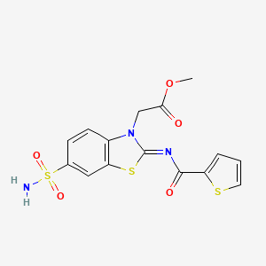molecular formula C15H13N3O5S3 B2886878 (Z)-methyl 2-(6-sulfamoyl-2-((thiophene-2-carbonyl)imino)benzo[d]thiazol-3(2H)-yl)acetate CAS No. 887206-27-1