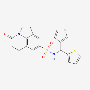 molecular formula C20H18N2O3S3 B2887005 4-oxo-N-(thiophen-2-yl(thiophen-3-yl)methyl)-2,4,5,6-tetrahydro-1H-pyrrolo[3,2,1-ij]quinoline-8-sulfonamide CAS No. 2034515-27-8