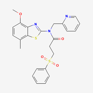 molecular formula C24H23N3O4S2 B2887028 N-(4-甲氧基-7-甲基苯并[d]噻唑-2-基)-3-(苯磺酰基)-N-(吡啶-2-基甲基)丙酰胺 CAS No. 942003-42-1