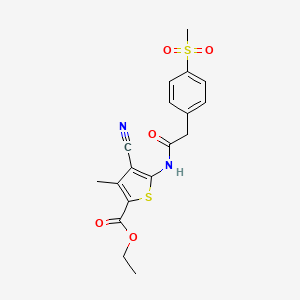 molecular formula C18H18N2O5S2 B2887036 4-氰基-3-甲基-5-(2-(4-(甲磺酰基)苯基)乙酰氨基)噻吩-2-甲酸乙酯 CAS No. 919755-80-9