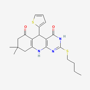 molecular formula C21H25N3O2S2 B2887096 2-(butylsulfanyl)-8,8-dimethyl-5-(thiophen-2-yl)-5,8,9,10-tetrahydropyrimido[4,5-b]quinoline-4,6(3H,7H)-dione CAS No. 631855-49-7