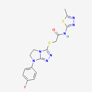 molecular formula C15H14FN7OS2 B2887187 2-((7-(4-氟苯基)-6,7-二氢-5H-咪唑并[2,1-c][1,2,4]三唑-3-基)硫代)-N-(5-甲基-1,3,4-噻二唑-2-基)乙酰胺 CAS No. 921788-96-7