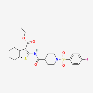molecular formula C23H27FN2O5S2 B2887242 Ethyl 2-(1-((4-fluorophenyl)sulfonyl)piperidine-4-carboxamido)-4,5,6,7-tetrahydrobenzo[b]thiophene-3-carboxylate CAS No. 922454-43-1