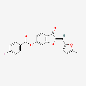 molecular formula C21H13FO5 B2887275 (Z)-2-((5-methylfuran-2-yl)methylene)-3-oxo-2,3-dihydrobenzofuran-6-yl 4-fluorobenzoate CAS No. 622803-47-8