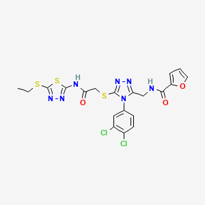 molecular formula C20H17Cl2N7O3S3 B2887299 N-((4-(3,4-dichlorophenyl)-5-((2-((5-(ethylthio)-1,3,4-thiadiazol-2-yl)amino)-2-oxoethyl)thio)-4H-1,2,4-triazol-3-yl)methyl)furan-2-carboxamide CAS No. 317328-69-1