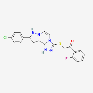 molecular formula C21H13ClFN5OS B2887373 2-{[11-(4-Chlorophenyl)-3,4,6,9,10-pentaazatricyclo[7.3.0.0^{2,6}]dodeca-1(12),2,4,7,10-pentaen-5-yl]sulfanyl}-1-(2-fluorophenyl)ethan-1-one CAS No. 1428366-99-7