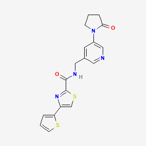 molecular formula C18H16N4O2S2 B2887453 N-((5-(2-oxopyrrolidin-1-yl)pyridin-3-yl)methyl)-4-(thiophen-2-yl)thiazole-2-carboxamide CAS No. 2034535-99-2