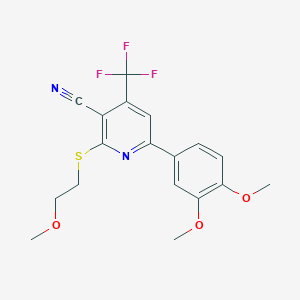 molecular formula C18H17F3N2O3S B2887456 6-(3,4-Dimethoxyphenyl)-2-((2-methoxyethyl)thio)-4-(trifluoromethyl)nicotinonitrile CAS No. 905773-08-2