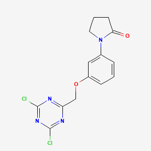 molecular formula C14H12Cl2N4O2 B2887691 1-{3-[(Dichloro-1,3,5-triazin-2-yl)methoxy]phenyl}pyrrolidin-2-one CAS No. 2225147-29-3
