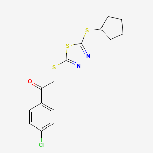 molecular formula C15H15ClN2OS3 B2887758 1-(4-Chlorophenyl)-2-{[5-(cyclopentylsulfanyl)-1,3,4-thiadiazol-2-yl]sulfanyl}-1-ethanone CAS No. 477846-22-3