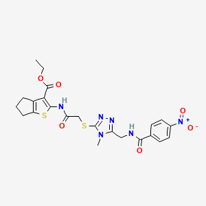 molecular formula C23H24N6O6S2 B2887766 ethyl 2-(2-((4-methyl-5-((4-nitrobenzamido)methyl)-4H-1,2,4-triazol-3-yl)thio)acetamido)-5,6-dihydro-4H-cyclopenta[b]thiophene-3-carboxylate CAS No. 393848-43-6