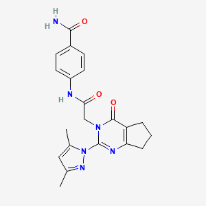 molecular formula C21H22N6O3 B2887946 4-(2-(2-(3,5-dimethyl-1H-pyrazol-1-yl)-4-oxo-4,5,6,7-tetrahydro-3H-cyclopenta[d]pyrimidin-3-yl)acetamido)benzamide CAS No. 1006821-12-0