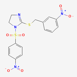 molecular formula C16H14N4O6S2 B2888022 2-[(3-Nitrophenyl)methylsulfanyl]-1-(4-nitrophenyl)sulfonyl-4,5-dihydroimidazole CAS No. 868219-02-7