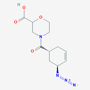 molecular formula C12H16N4O4 B2888083 4-[(1R,5S)-5-Azidocyclohex-3-ene-1-carbonyl]morpholine-2-carboxylic acid CAS No. 2173992-58-8
