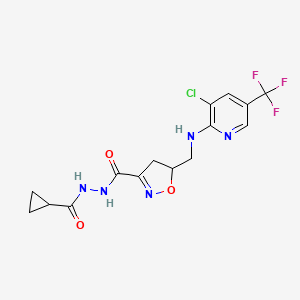 molecular formula C15H15ClF3N5O3 B2888088 5-({[3-chloro-5-(trifluoromethyl)-2-pyridinyl]amino}methyl)-N'-(cyclopropylcarbonyl)-4,5-dihydro-3-isoxazolecarbohydrazide CAS No. 338399-36-3