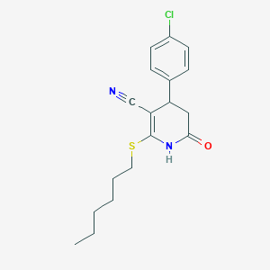 molecular formula C18H21ClN2OS B2888193 4-(4-Chlorophenyl)-2-(hexylthio)-6-oxo-1,4,5,6-tetrahydropyridine-3-carbonitrile CAS No. 374917-76-7