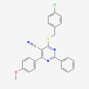 molecular formula C25H18ClN3OS B2888212 4-[(4-Chlorobenzyl)sulfanyl]-6-(4-methoxyphenyl)-2-phenyl-5-pyrimidinecarbonitrile CAS No. 338395-37-2