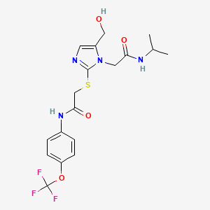 molecular formula C18H21F3N4O4S B2888222 2-((5-(羟甲基)-1-(2-(异丙氨基)-2-氧代乙基)-1H-咪唑-2-基)硫代)-N-(4-(三氟甲氧基)苯基)乙酰胺 CAS No. 921523-91-3