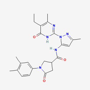 molecular formula C24H28N6O3 B2888243 1-(3,4-dimethylphenyl)-N-(1-(5-ethyl-4-methyl-6-oxo-1,6-dihydropyrimidin-2-yl)-3-methyl-1H-pyrazol-5-yl)-5-oxopyrrolidine-3-carboxamide CAS No. 1005978-31-3