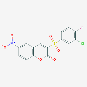 molecular formula C15H7ClFNO6S B2888413 3-((3-chloro-4-fluorophenyl)sulfonyl)-6-nitro-2H-chromen-2-one CAS No. 2034608-23-4